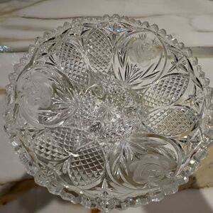Vintage Clear Crystal Glass Diamond Cut with Rose Flowers & Footed Bowl